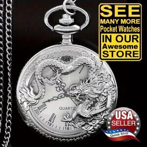 Pocket Watch & Chain • Chinese Royal Dragon • Roman Numerals • Silver Anodized
